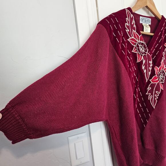 Vintage 80s Sweater Womens Medium Red Floral Glam Rock Knit Embellished Cottage - Picture 6 of 10